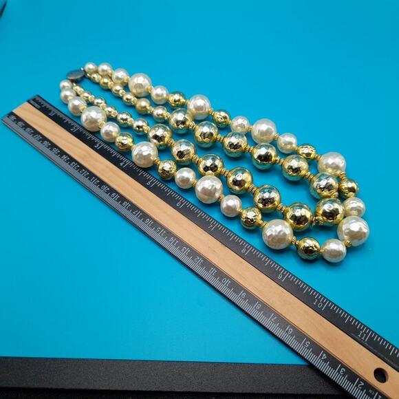 Mid-Century Two Strand Large Bead Necklace, Faux Pearls, Gold Globe Beads, 18 In - Picture 7 of 11